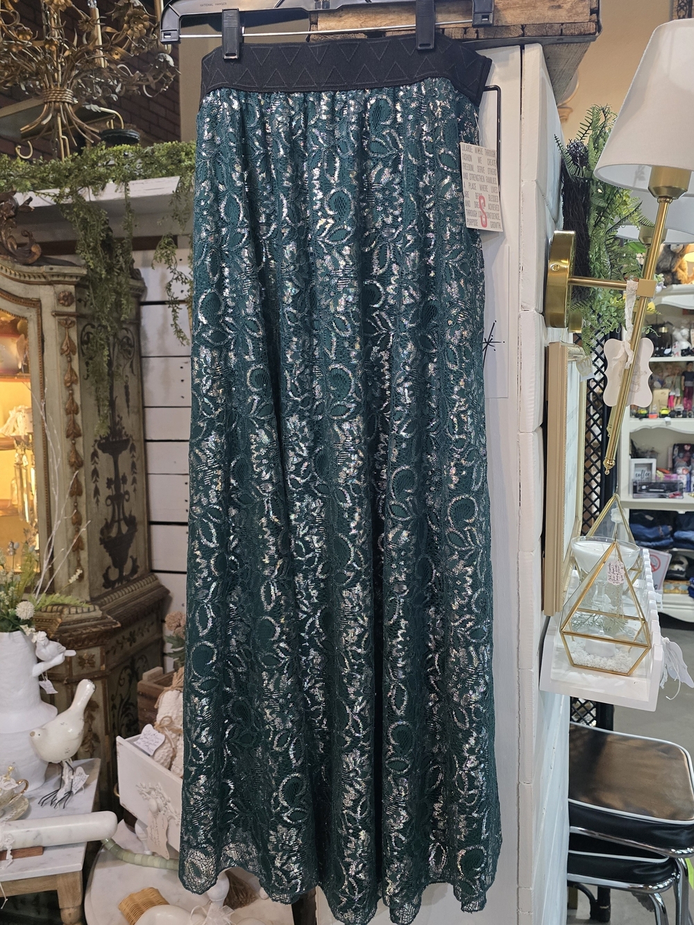 LuLaRoe Elegant Lucy Green Lace Maxi Skirt with Black Waistband Size: S